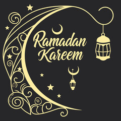 Ramadan Kareem celebration with golden crescent moon and lanterns