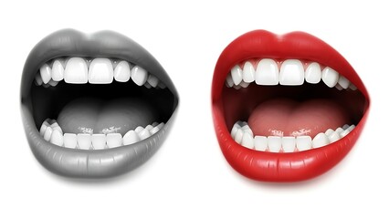 Obraz premium Detailed 3D illustration of human lips and teeth in monochrome and vibrant red for professional oral hygiene displays