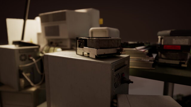 Vintage computer gear is scattered across a tabletop in a softly illuminated space. Each device tells a story of technologys evolution over time and the pasts interesting moments.
