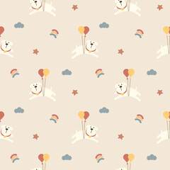 Dog and balloon cartoon so cute. On rainbow star cloud background. Pattern seamless vector illustration. 