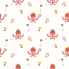 Squid play tennis golf cartoon so cute. On medals golf hole flag trophy background. Pattern seamless vector illustration. 