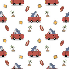 Shark in car cartoon so cute. On coconut tree sun surfboard white background. Pattern seamless vector illustration. 