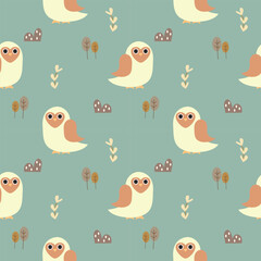 Owl white cartoon so cute. On tree mountain green background. Pattern seamless vector illustration. 