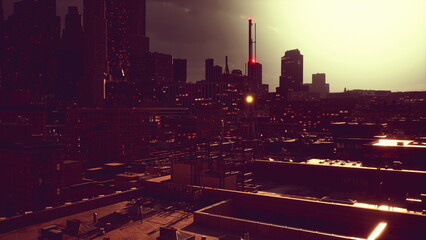 A city skyline glows under the setting sun, casting long shadows on the rooftops. Buildings rise...