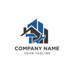 Construction and Repair Company Logo with Tools and Building.