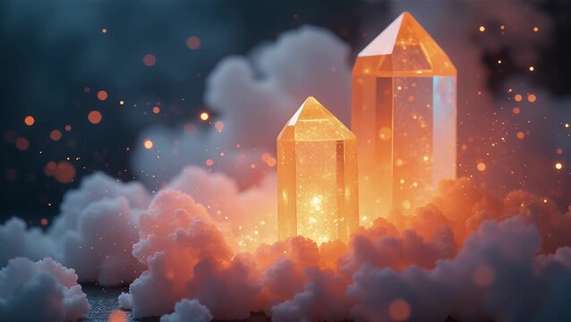 Ethereal Crystal Formation Surrounded by Mystical Light and Clouds