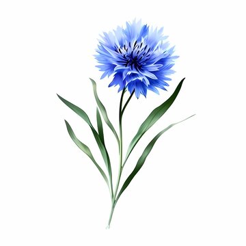 Cornflower's Delicate Grace: A single, vibrant cornflower blooms gracefully, its azure petals unfurling amidst slender green leaves, a testament to nature's refined elegance.
