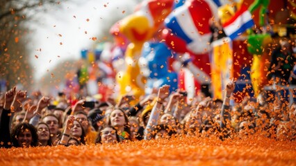 A diverse crowd of young adults in casual clothing celebrating with orange confetti and Dutch flags at a public street festival.