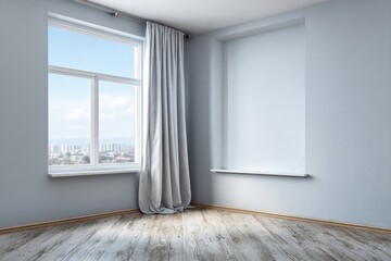 Fototapeta premium Empty room interior with window and cityscape view.