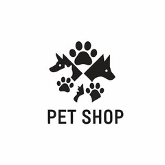 Fototapeta premium Pet Shop Logo with Dog and Cat Silhouettes and Paw Prints.