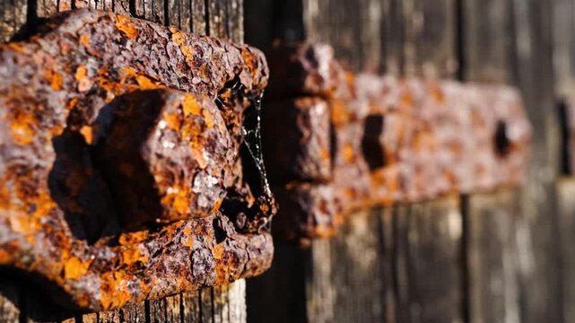 Extreme close up of rusty iron hinge and bolt on weathered wooden door showing heavy corrosion and texture