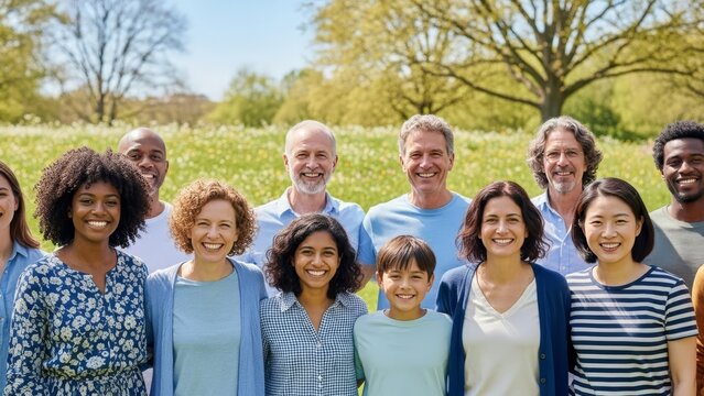 Diverse group of people in casual clothing smiling in a sunny park.