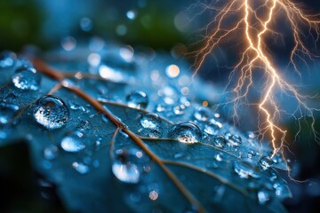 Close up of leaf with water droplets and lightning