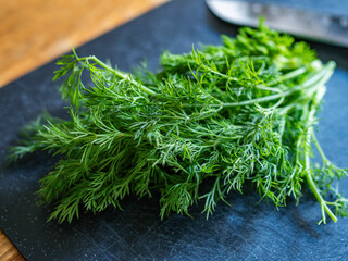 Fresh herb - bunch of dill on board on wooden table