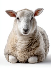 Fototapeta premium A white sheep is laying down on a white background