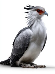 Fototapeta premium A bird with a red beak and black feathers is standing on a white background