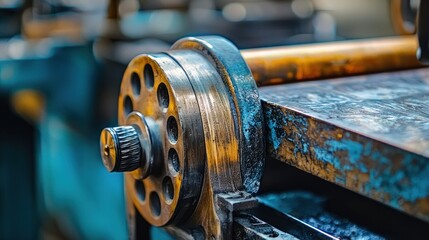 A machine part with a rusty metal wheel and a cylindrical rod on a metal surface.