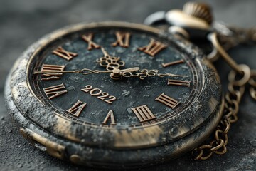 Vintage pocket watch with Roman numerals and chain on dark textured background, aged bronze face