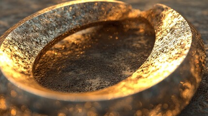 A golden ring with a textured surface, emitting a warm glow.