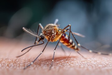 Fototapeta premium Close-up of a mosquito on skin, highlighting its intricate wings and detailed body structure.