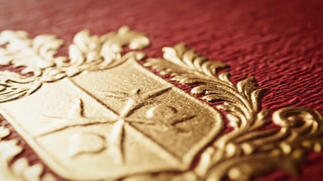 Detailed close-up of an embossed golden crest on a textured red surface, representing heritage and tradition