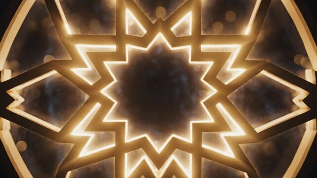 Illuminated star pattern frame with a dark backdrop surrounded by a complex geometric design