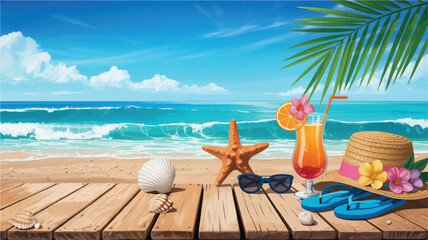 Obraz premium beach scene with wooden deck and summer accessories on sand