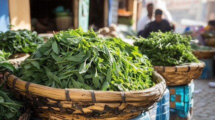 Fresh green vegetables in a market setting.