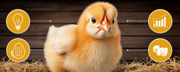 Chick with smart farm icons floating above in straw nest, representing modern agricultural technology