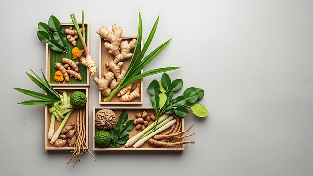 Fresh Asian Culinary & Medicinal Herbs and Spices. Ginger, Turmeric, Lemongrass, Kaffir Lime Roots in Trays.
