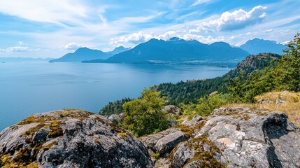 A breathtaking view of a vast, serene lake surrounded by lush green mountains under a clear blue sky with scattered clouds.