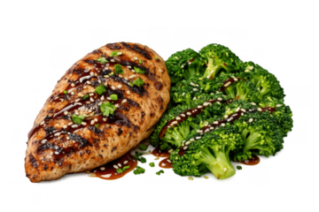 Grilled chicken breast and broccoli with teriyaki sauce, sesame seeds, healthy diet meal, transparent background
