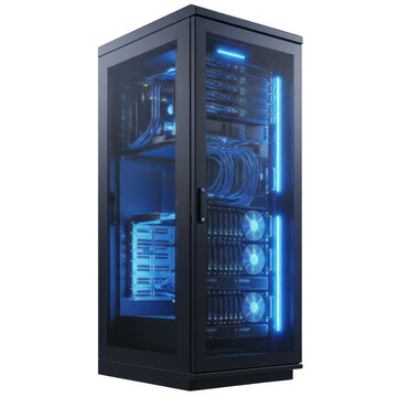 Black computer server tower with blue lights and glass door isolated on transparent background