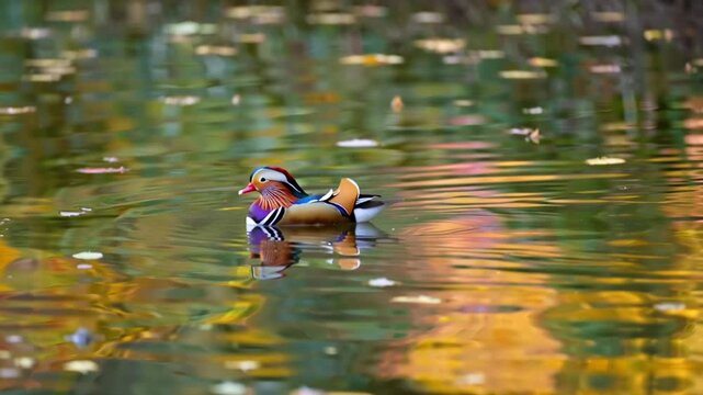 Cinematic 4K footage colorful mandarin duck gliding foggy pond dawn. Mist rises water, duck moves past floating lily pads ripples drone shot slowly ascending, close-ups of water droplets feathers fog