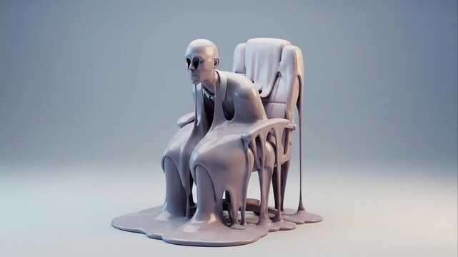 Abstract sculpture of a person melding into a chair against neutral background