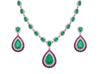 Elegant Emerald and Ruby Jewelry Set with Necklace and Earrings.
