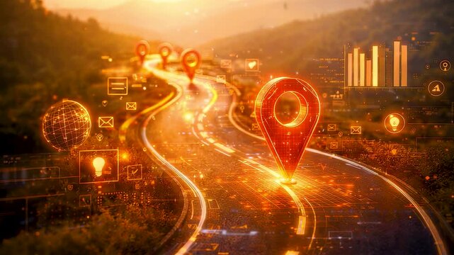 Smart transportation route with connected navigation markers and digital mobility data optimizing traffic flow across modern urban landscape