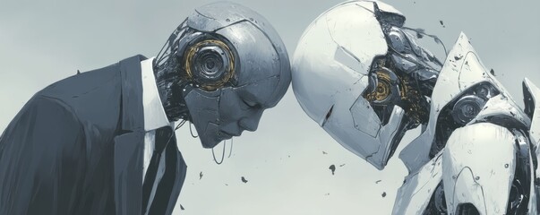 Human and robot bow heads in a moment of collaboration and futuristic partnership in business