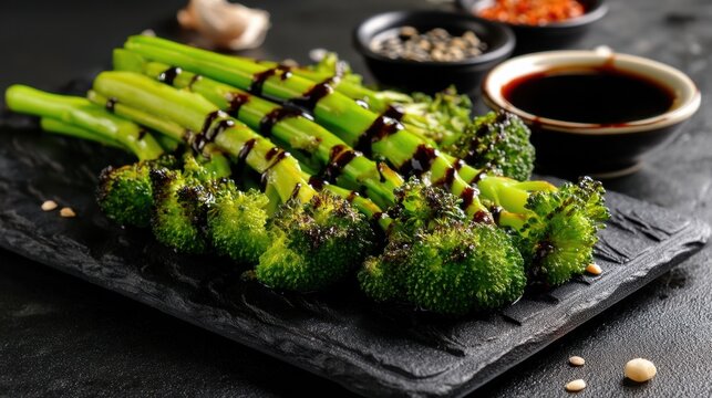 Grilled broccolini with balsamic glaze and seasoning on slate plate.