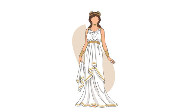 Elegant faceless illustration of an ancient Greek goddess or woman wearing a traditional white chiton with gold accents and a crown.