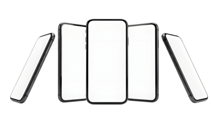 Five black smartphones with blank white screens displayed against a transparent background