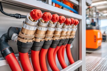 Close-up of an advanced milking machine with multiple nozzles in an industrial dairy facility