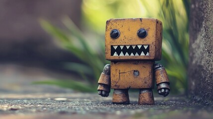 A small, rusted robot with a yellow body and black eyes, standing on a concrete surface with green foliage in the background.