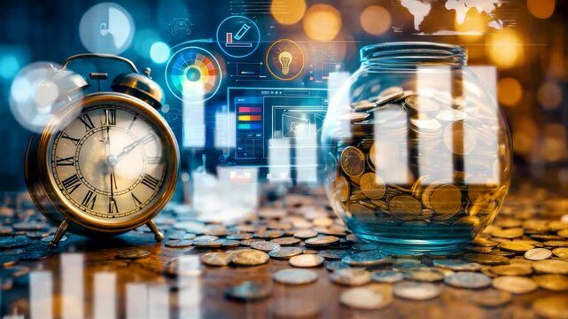 Personal finance savings growth with clock coins and deposit jar supported by digital analytics dashboards for long term investment planning