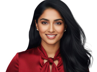 Beautiful woman with long black hair and bright smile.