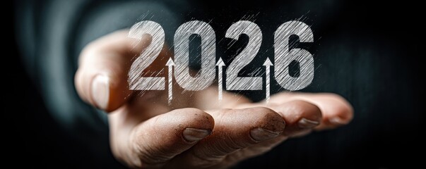 Close-up of a hand presenting the year 2026 with a hopeful, futuristic mood