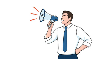 Businessman in a shirt and tie making an announcement, shouting happily into a megaphone to share important news or a promotion.