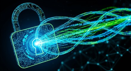 Digital padlock with glowing circuit lines and binary code streams