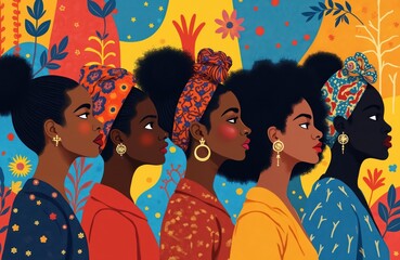 Illustration presents diversity. Black women stand in row with pride. Colorful backgrounds add to artistic style. It represents unity and empowerment. Diversity in beauty celebrates black history.