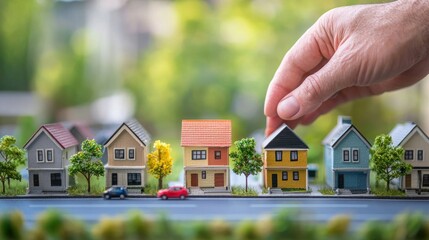 A hand holding a miniature model of a house in front of a blurred green background.